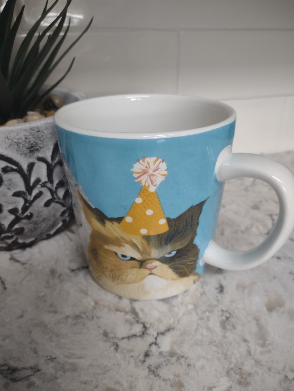 Pier 1 Imports Party Cats Ironstone Coffee Mug Dressed Up Cats Blue Graphic Cup